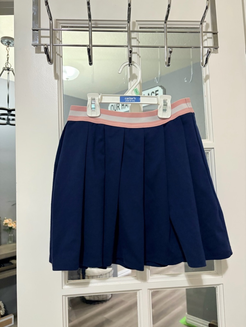 art class Navy Pleated Midi Skirt with Pink Stripe Waistband